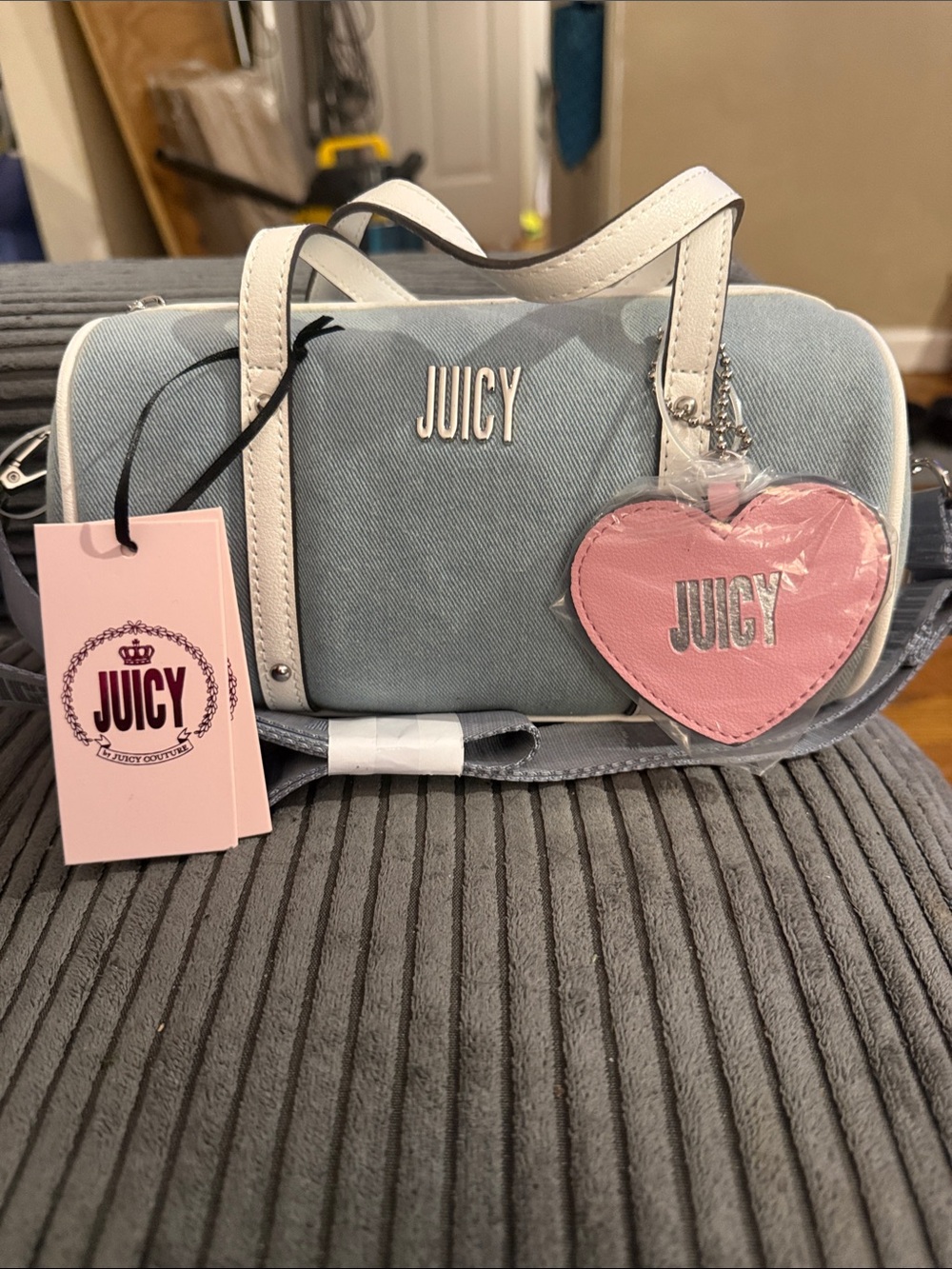Juicy Couture Light Blue Mini Handbag with White Handles and Pink Heart Charm